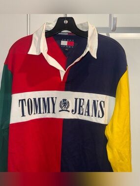 Tommy Jeans '90s Colorblock Rugby Shirt Shirt Polo M Red Navy Green Yellow